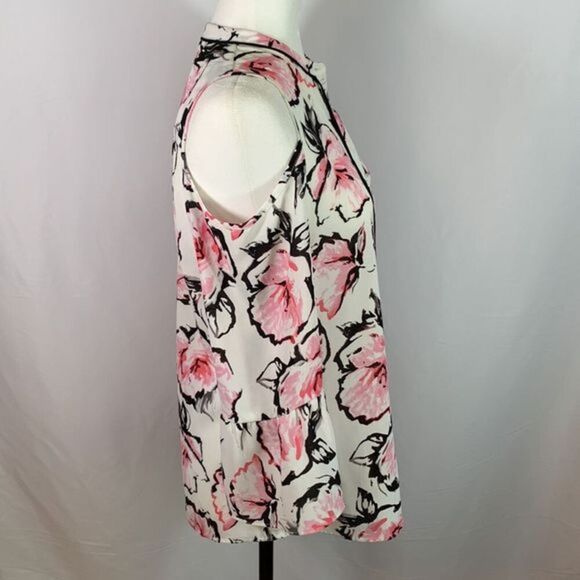 Karl Lagerfeld White, Black & Pink Floral Cold Shoulder Blouse Top - Picture 8 of 12